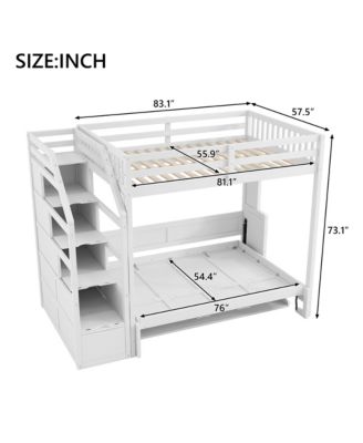 Full XL Loft Bed w/ Storage Stairs & Full Murphy Bed, LED