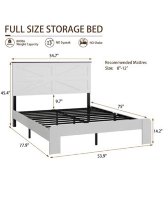 White Full Size Wood Platform Bed Frame with Under Bed Storage