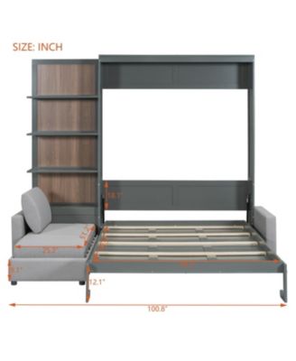  Queen Size Murphy Bed Wall Bed with Sofa and Shelves,Gray