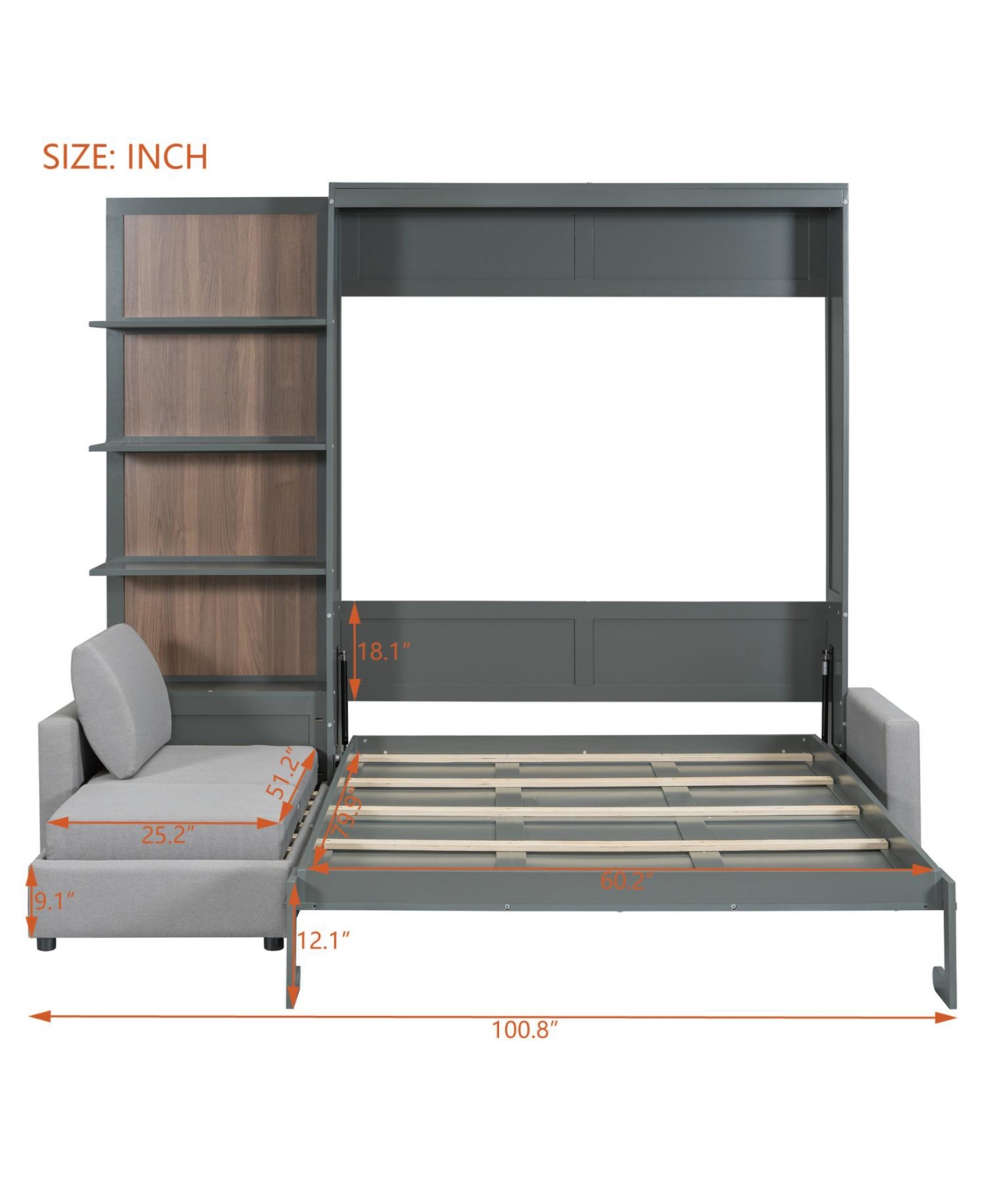 Streamdale Furniture Queen Size Murphy Bed Wall Bed with Sofa and Shelves,Gray