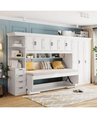 Twin Size Murphy Bed Wall Bed with Wardrobe, Cabinet and Desk