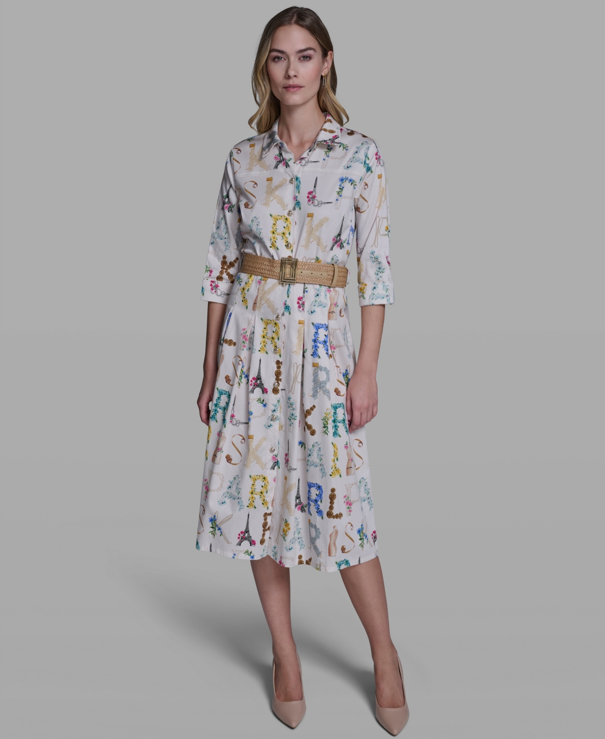 Karl Lagerfeld Paris Women's Allover Print Belted Collared Shirt Dress