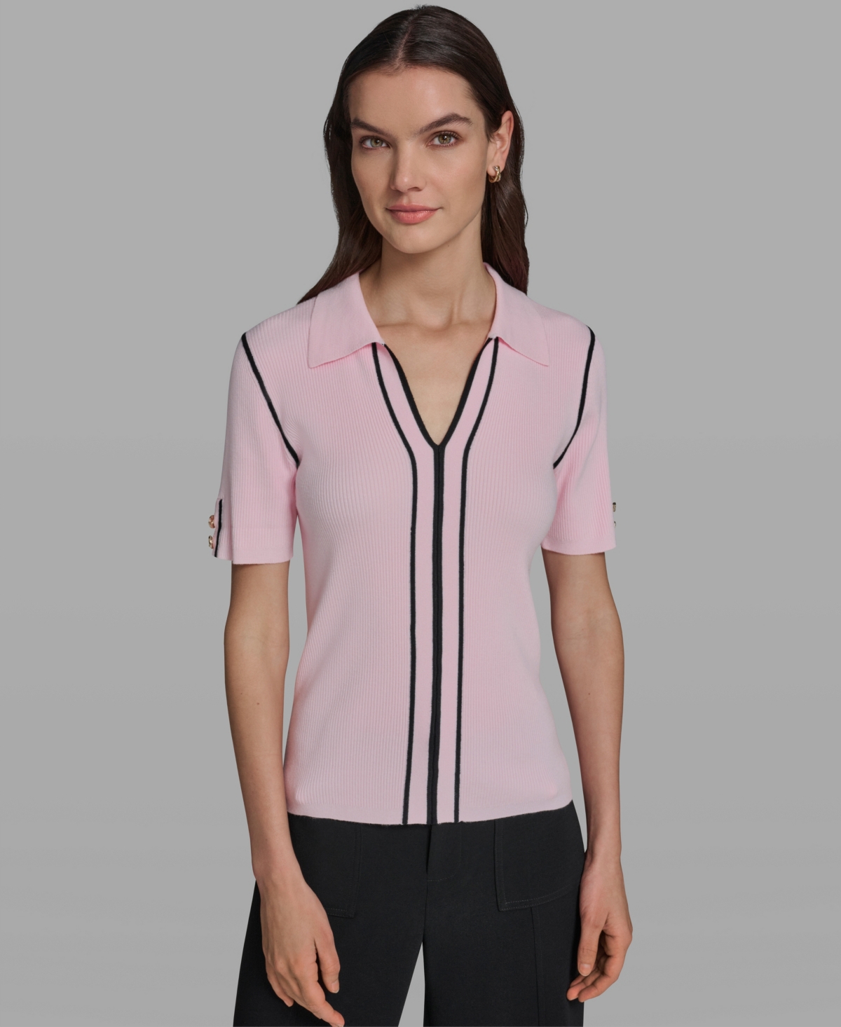 Karl Lagerfeld Paris Women's Short-Sleeve Johnny Collar Sweater