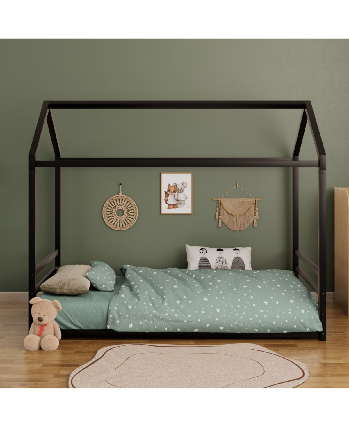 Streamdale Furniture Montessori Metal Floor Bed Frame, House with Guardrails, Kids/Toddlers.