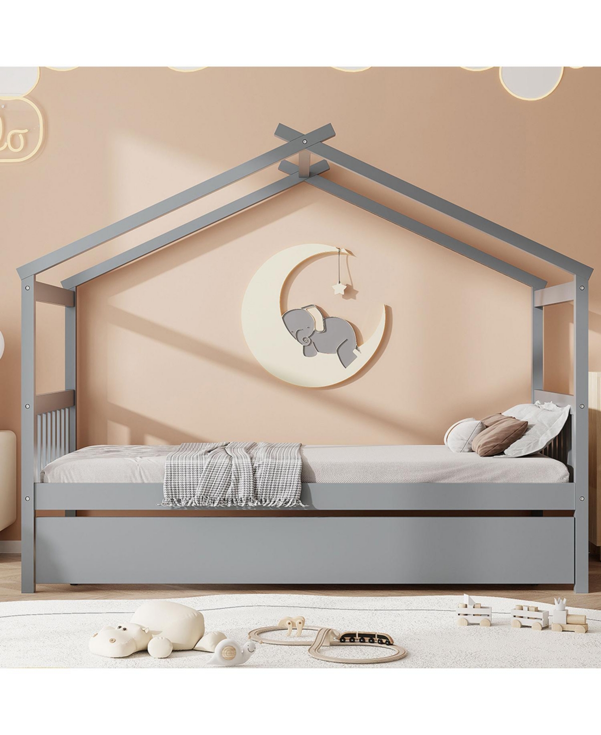 Streamdale Twin Wooden House Bed with Trundle, Gray