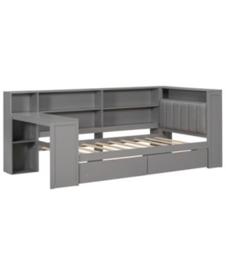 Twin Platform Bed w/ Storage, LED, Desk, Charging, Upholstered Headboard