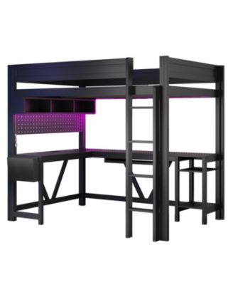 Full Size Black Gaming Loft Bed with Desk, LED Lights & Charging Station
