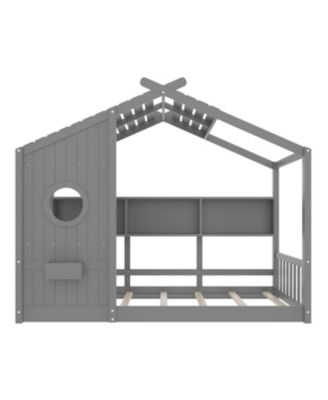 Twin Floor House Bed Toddler, Montessori Bed with Shelf, Playhouse Bed