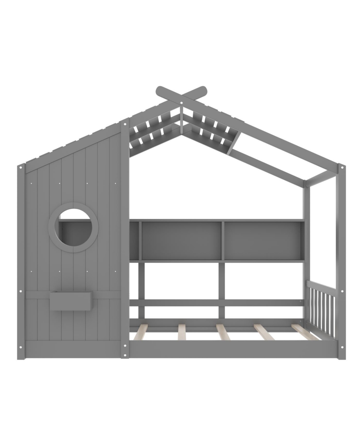 Streamdale Furniture Twin Floor House Bed Toddler, Montessori with Shelf, Playhouse Bed, Gray