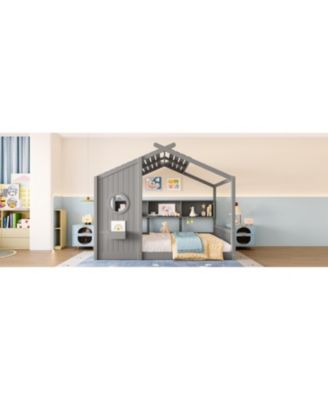 Floor House Bed Toddler Kids Montessori Bed w/ Shelf & Roof.
