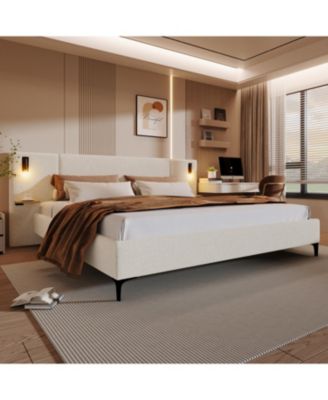 Chic Boucle Upholstered Bed with Integrated Lights and Shelves, White, King