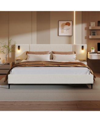Chic Boucle Upholstered Bed with Integrated Lights and Shelves, White, King