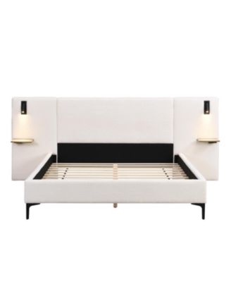 Queen Chic Boucle Upholstered Bed with Integrated Lights and Shelves