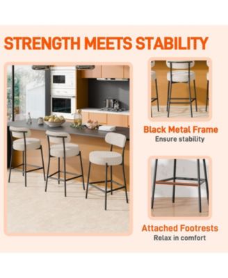 Bar Stools Set of 3, 24 Inches Modern Counter Height Bar Stools with Curved Back Metal Legs, Upholstered Tall Barstools