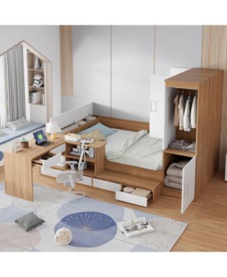 Full size Wooden Platform Bed with 6 Drawers, Shelves, desk and Wardrobe