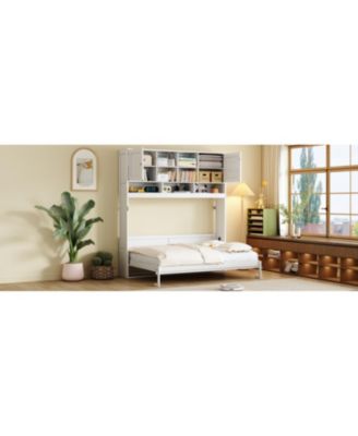 Queen Size Wall Murphy Bed with Ample Storage Space and Chevron Stripes, White