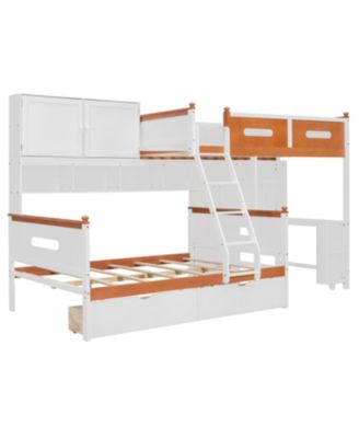 Twin Over Full Bunk Bed w/ Desk, Drawers, Shelves, Cabinet & LED Light