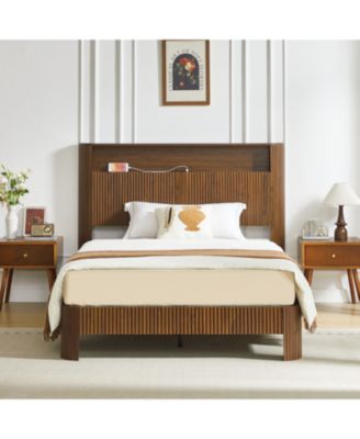 Full XL Bed Frame- Storage Headboard, Charging, Walnut