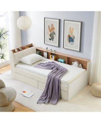 Twin Velvet Daybed- Storage Headboard, Wireless Charging, LED, Beige