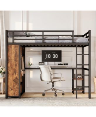 Queen Loft Bed Frame Wardrobe, Desk & Shelves - Woodgrain