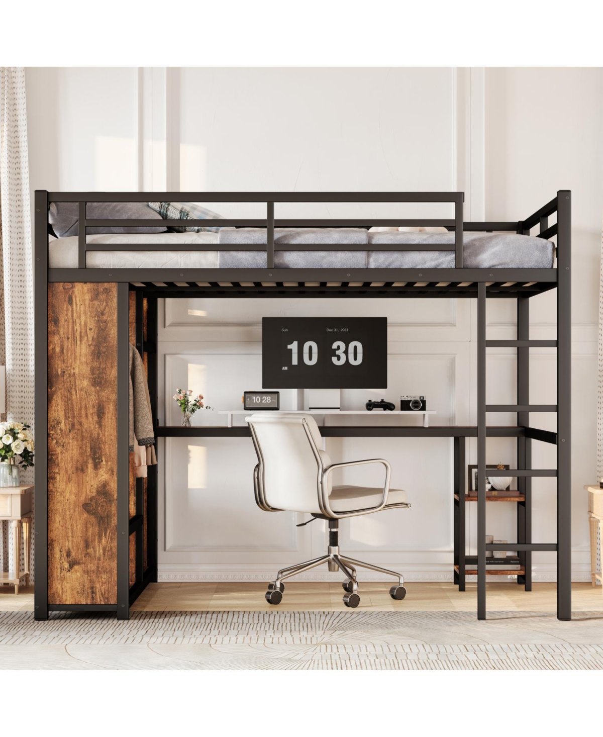 Streamdale Furniture Queen Loft Bed Frame Wardrobe, Desk & Shelves - Woodgrain
