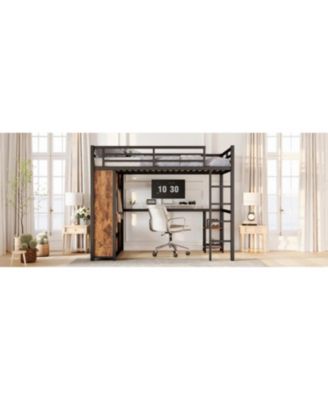 Queen Loft Bed Frame Wardrobe, Desk & Shelves - Woodgrain