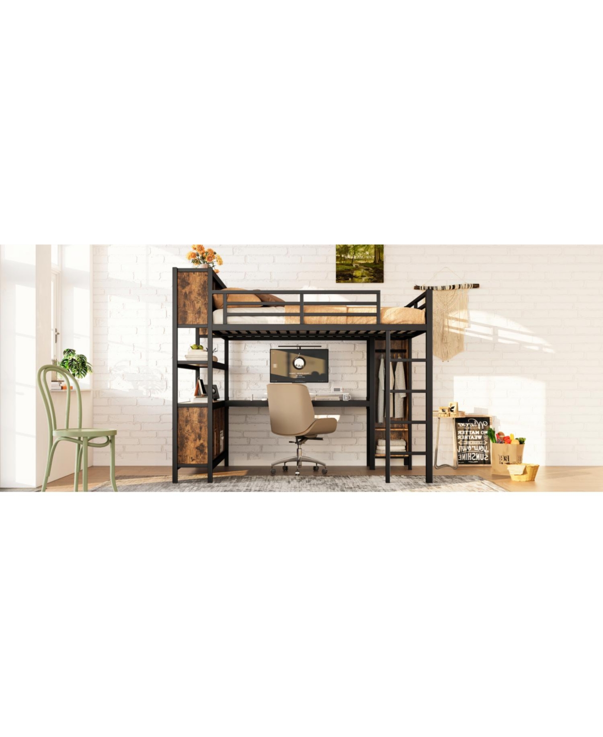 Streamdale Furniture Queen Loft Bed with Wardrobe, Desk & Storage - Black Woodgrain
