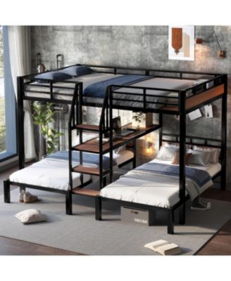 Queen/Twin/Twin Metal Bunk Bed w/ Storage - Black