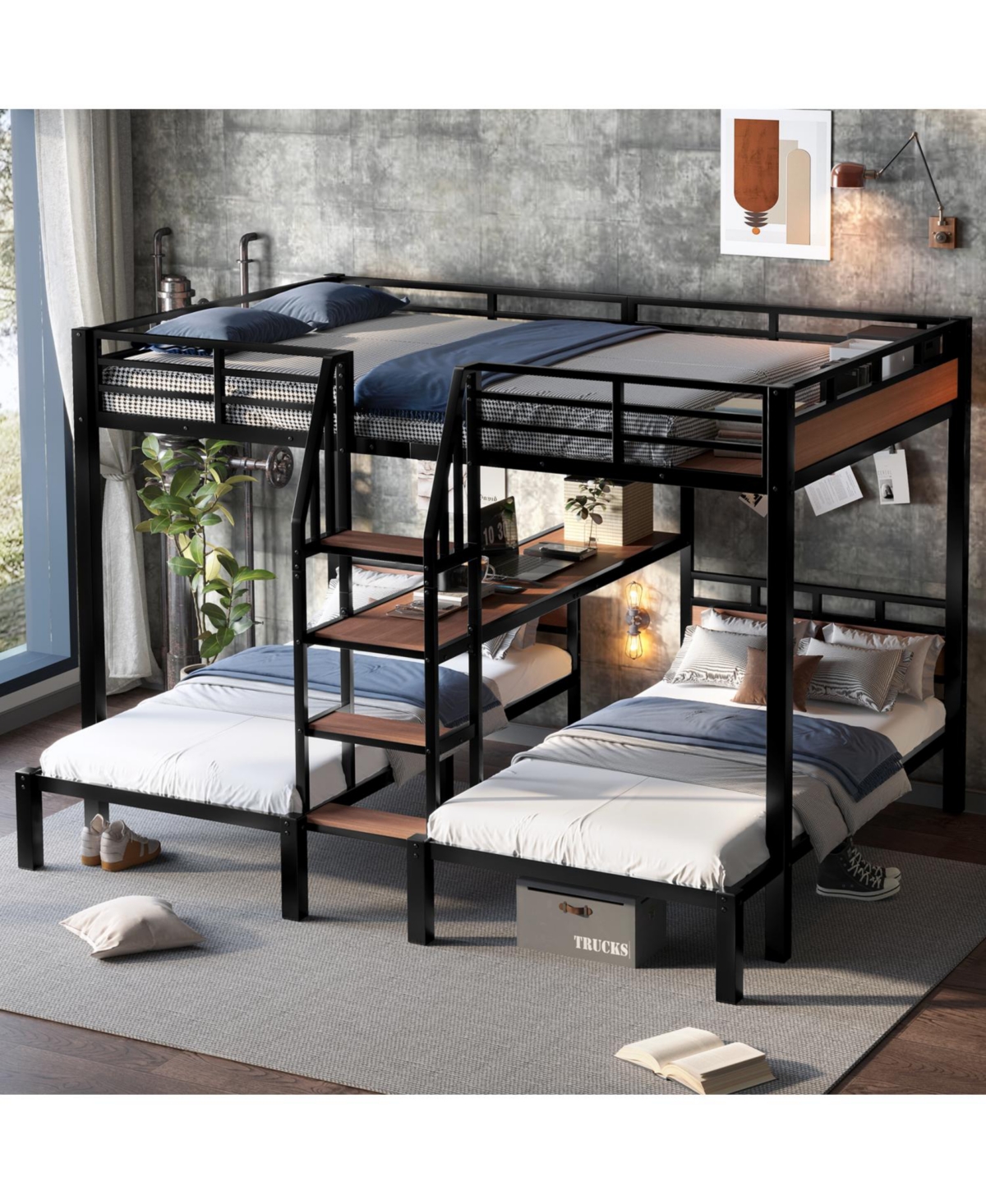 Streamdale Furniture Queen/Twin/Twin Metal Bunk Bed w/ Storage - Black