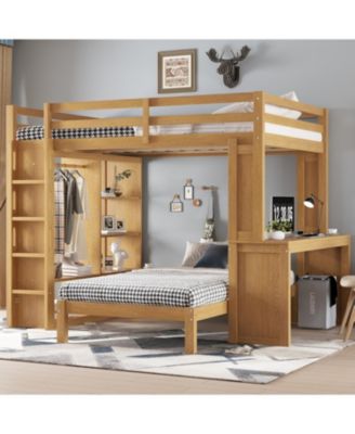  Queen over Twin Bunk Bed with Desk, Shelves & Wardrobe - Natural