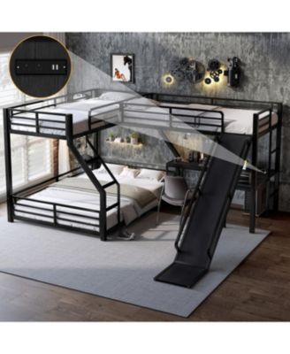 L-Shaped Twin XL/Queen Bunk Bed with Loft, Slide & USB
