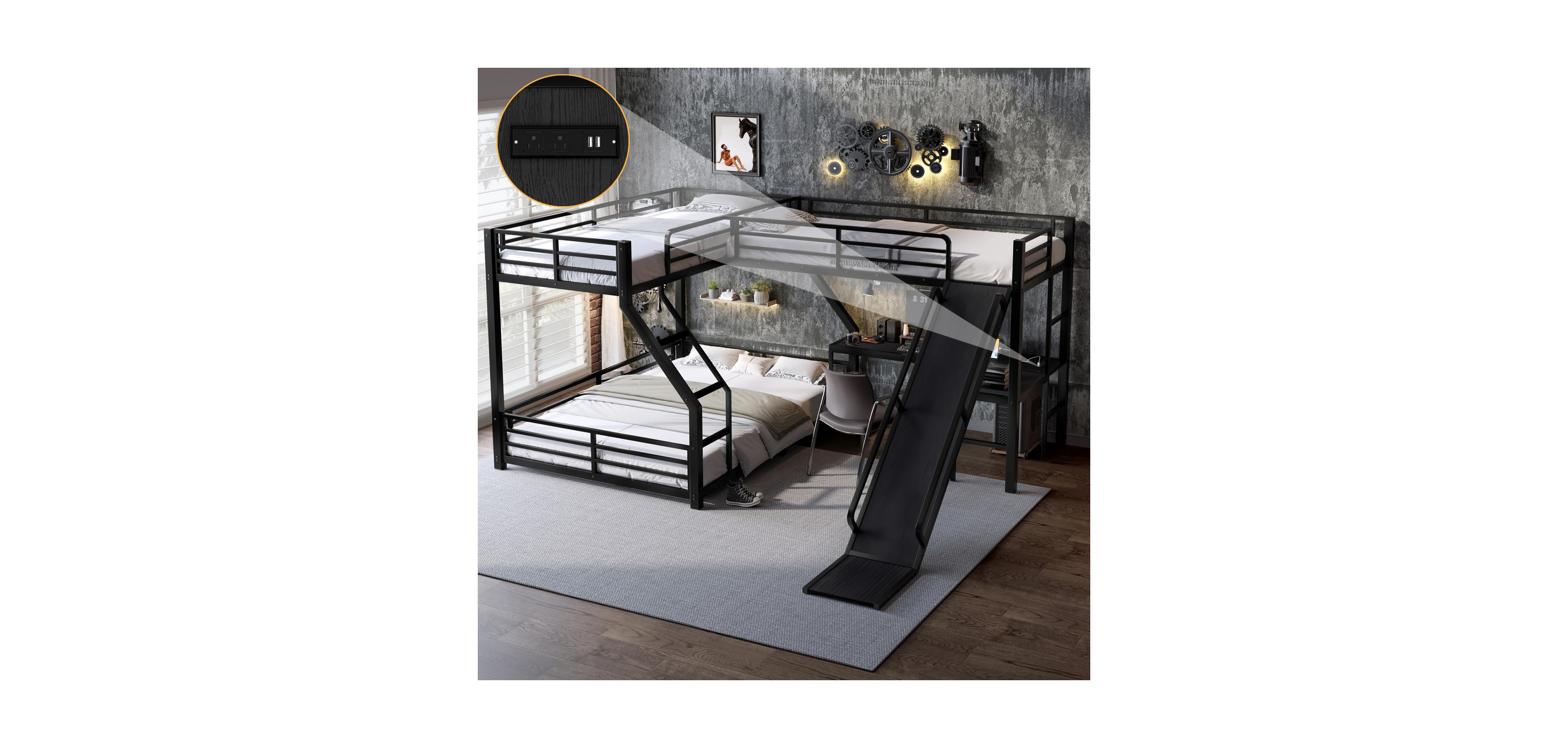 Streamdale Furniture L-Shaped Twin Xl/Queen Bunk Bed with Loft, Slide & Usb