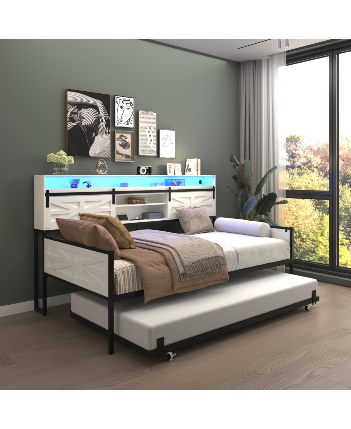 Streamdale Furniture Twin Daybed with Trundle, Barn Door Headboard, Charging Station