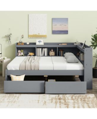 L-Shaped Bookcase Bed with Power Outlets, USB & Drawers - Grey
