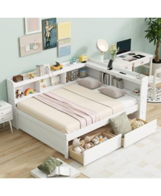 L-Shaped Bookcase Bed with Power, USB & Drawers