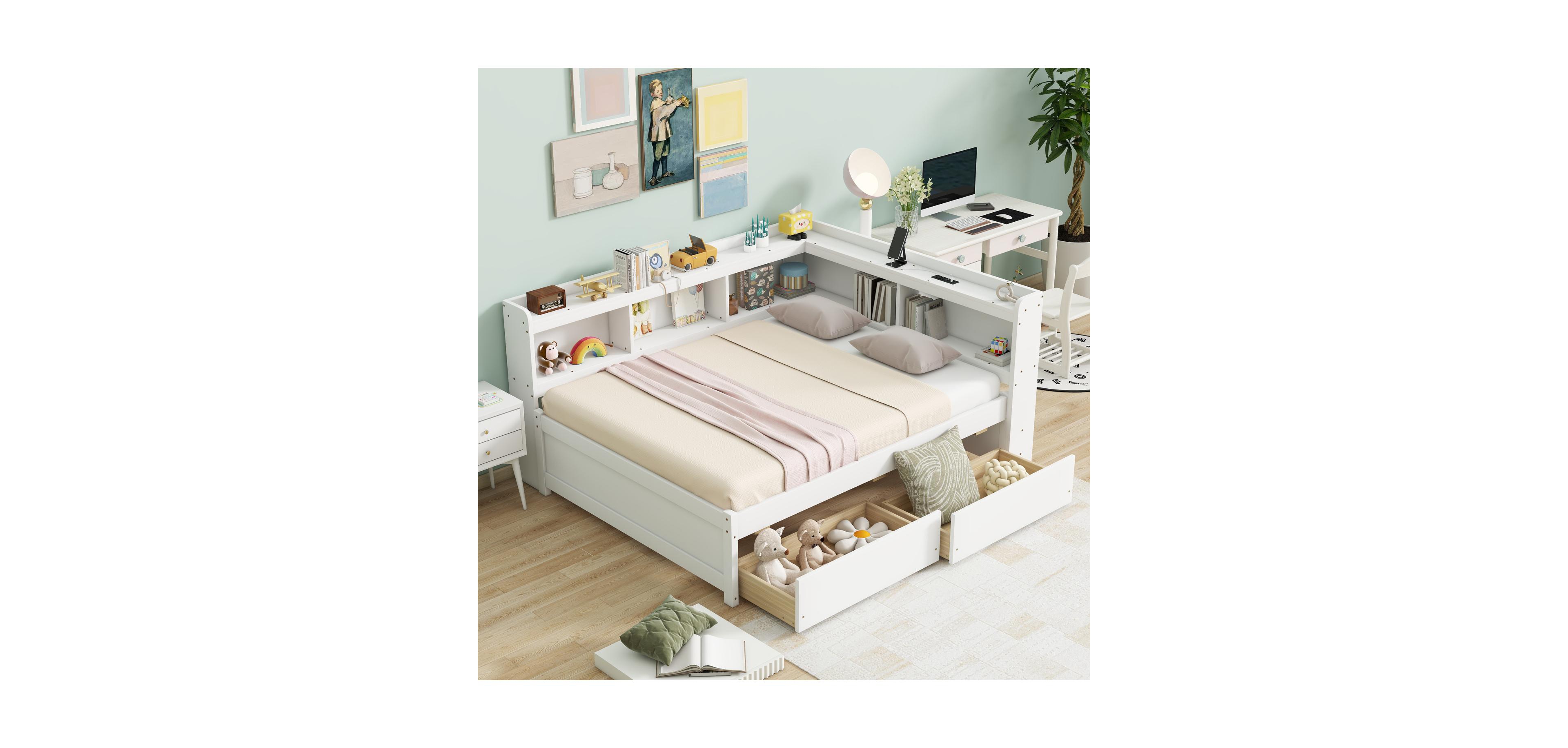 Streamdale Furniture L-Shaped Bookcase Bed with Power, Usb & Drawers