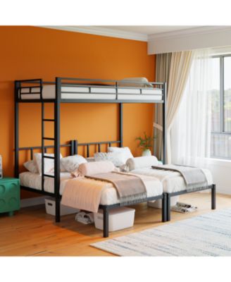 Triple Twin Metal Bunk Bed with Guardrails & Ladder