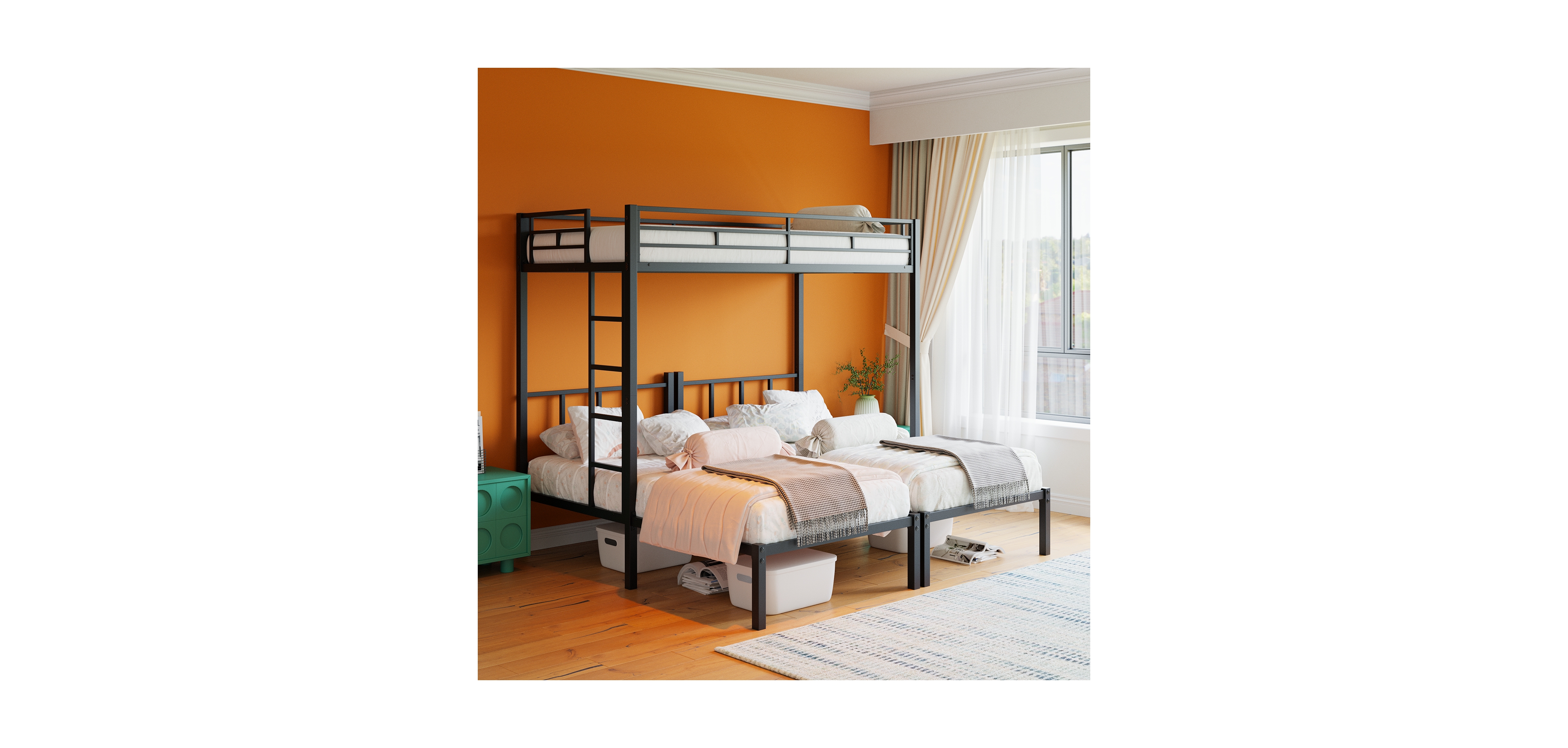Streamdale Furniture Triple Twin Metal Bunk Bed with Guardrails & Ladder