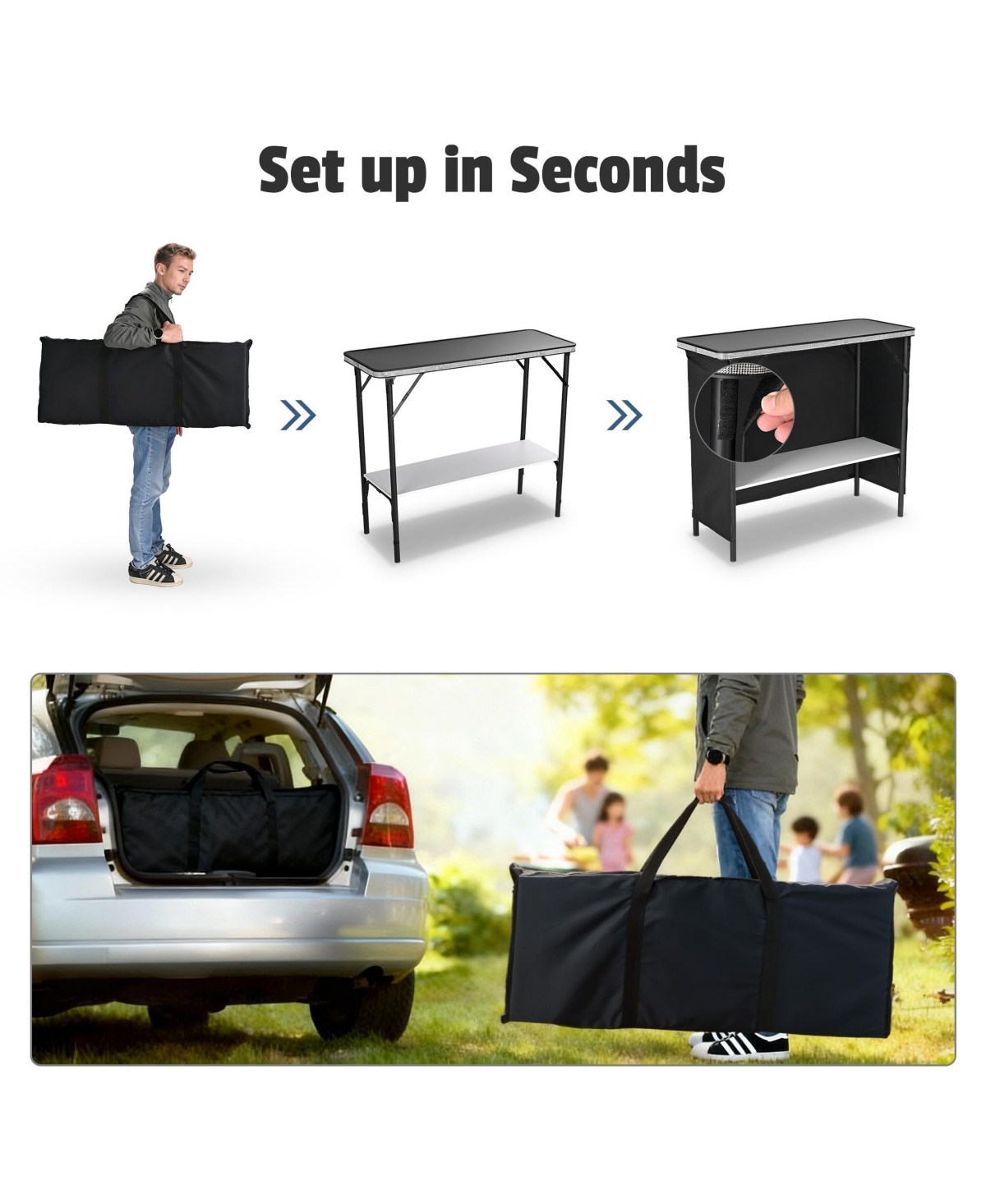 InstaHibit Ez Go 2 Pcs Portable Bar Table Shimmer Decor with Carry Bag Black Skirt for Wedding Camping Tradeshow Party