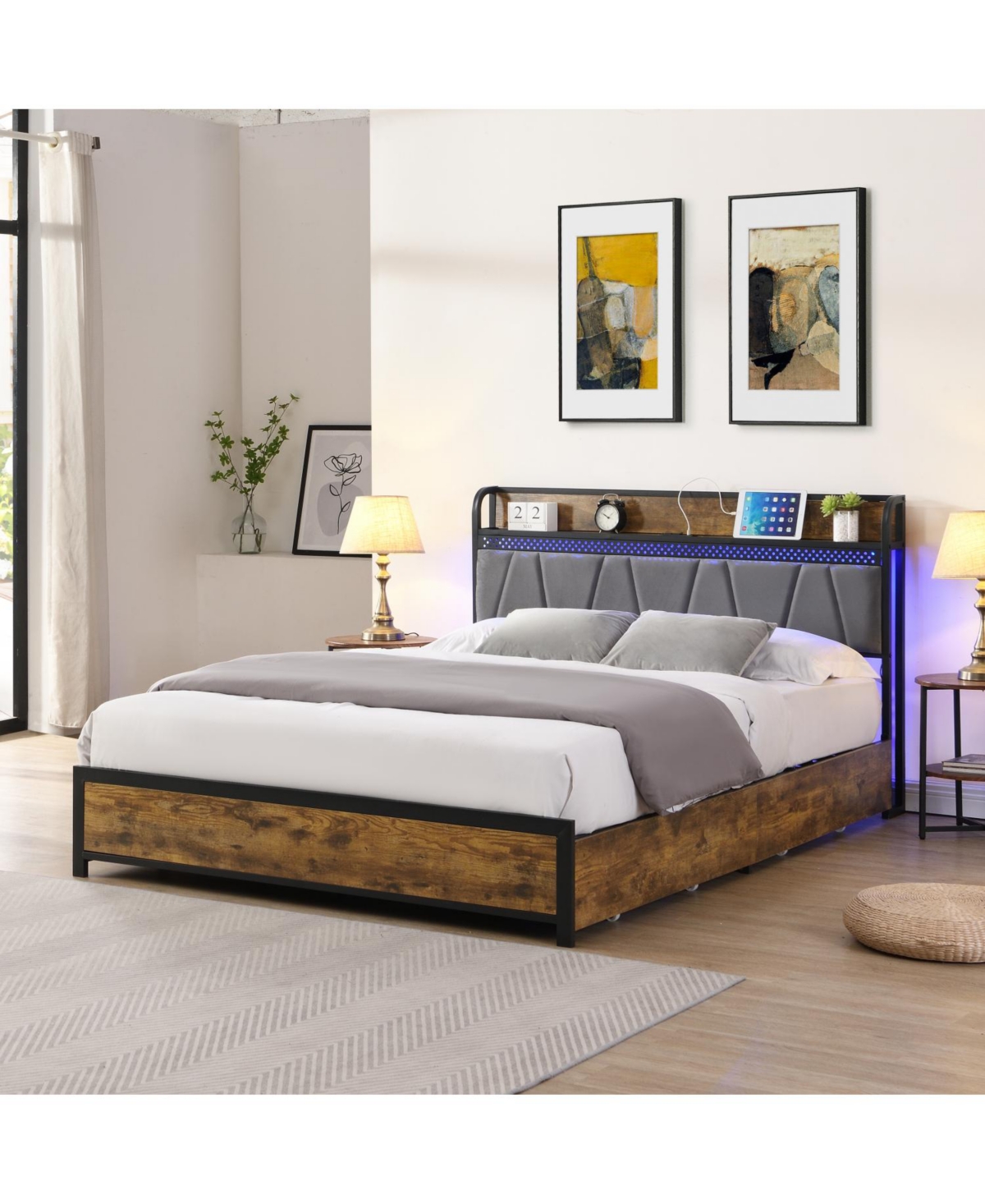 Streamdale Furniture Smart Bed Frame with Storage, Charging & Led