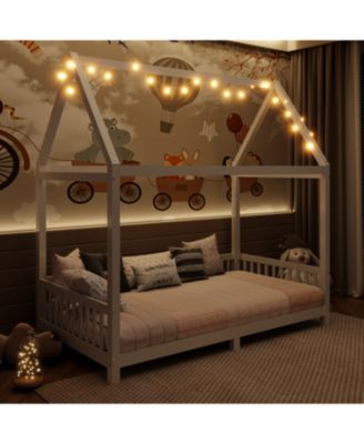 Wood Twin Size House Bed with Guardrail and LED