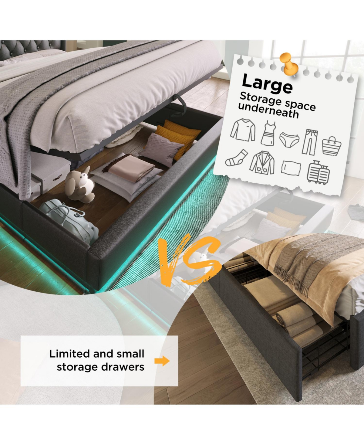 Streamdale Furniture Modern Upholstered Bed with 360 Led, Storage, and Usb-c Charging