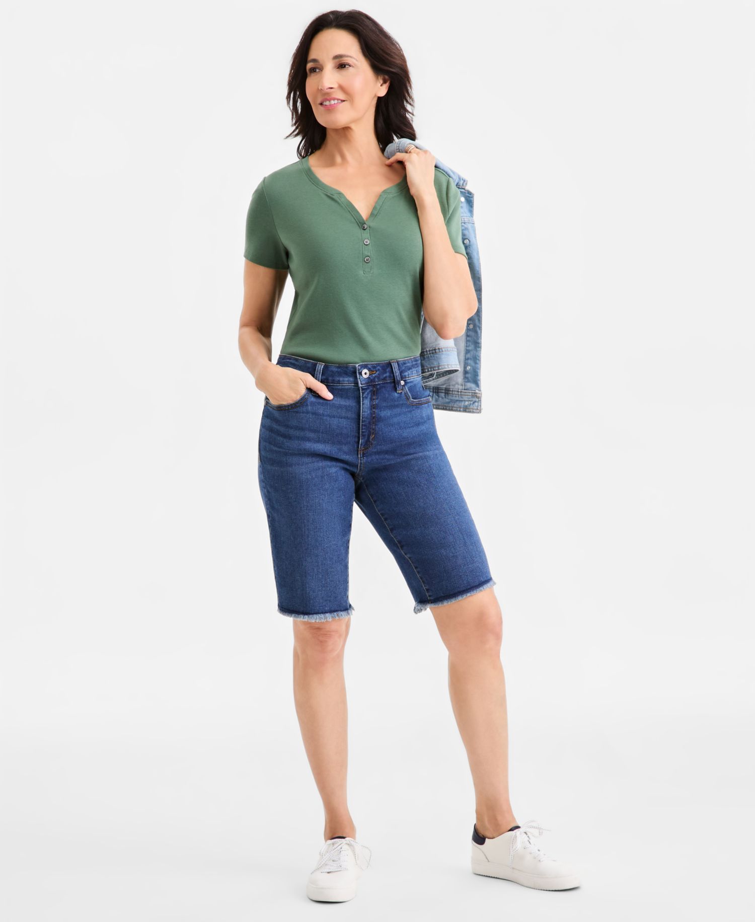 Petite Raw-Edge Denim Bermuda Shorts