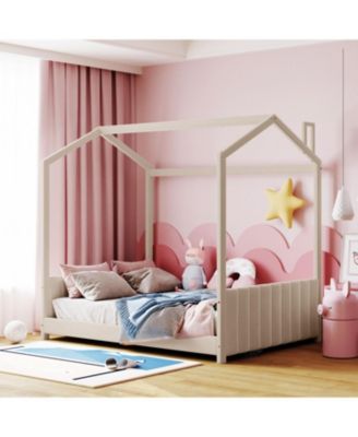  Full Size Velvet House Bed Wood Bed, Gray