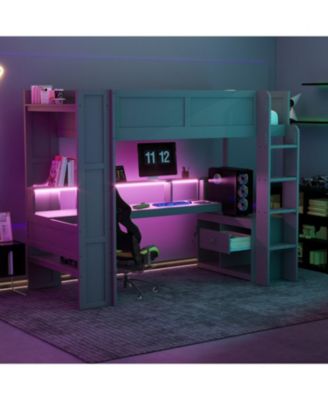 Twin Gaming Loft Bed with Desk, LED & Charging