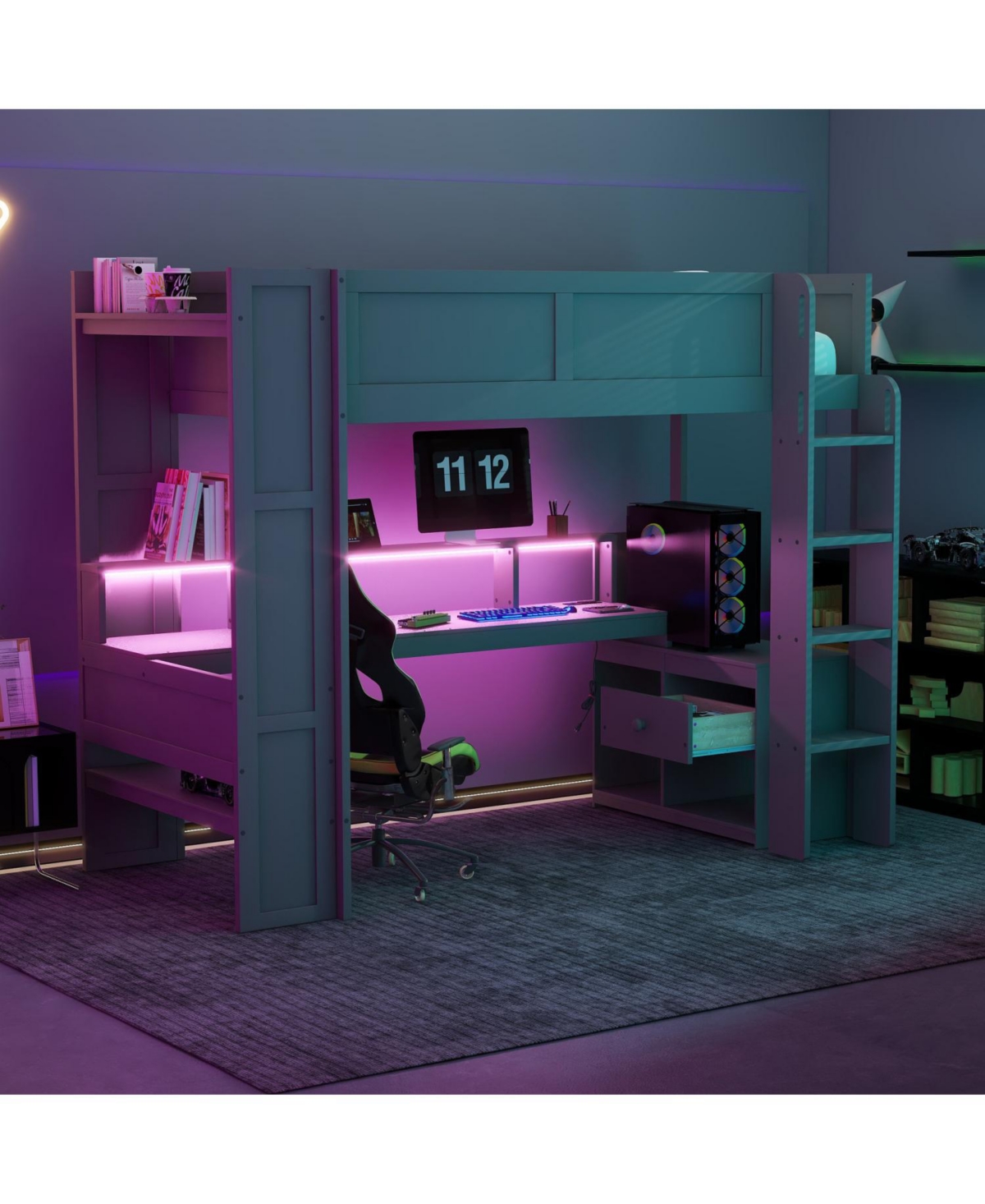 Streamdale Furniture Twin Gaming Loft Bed with Desk, Led & Charging