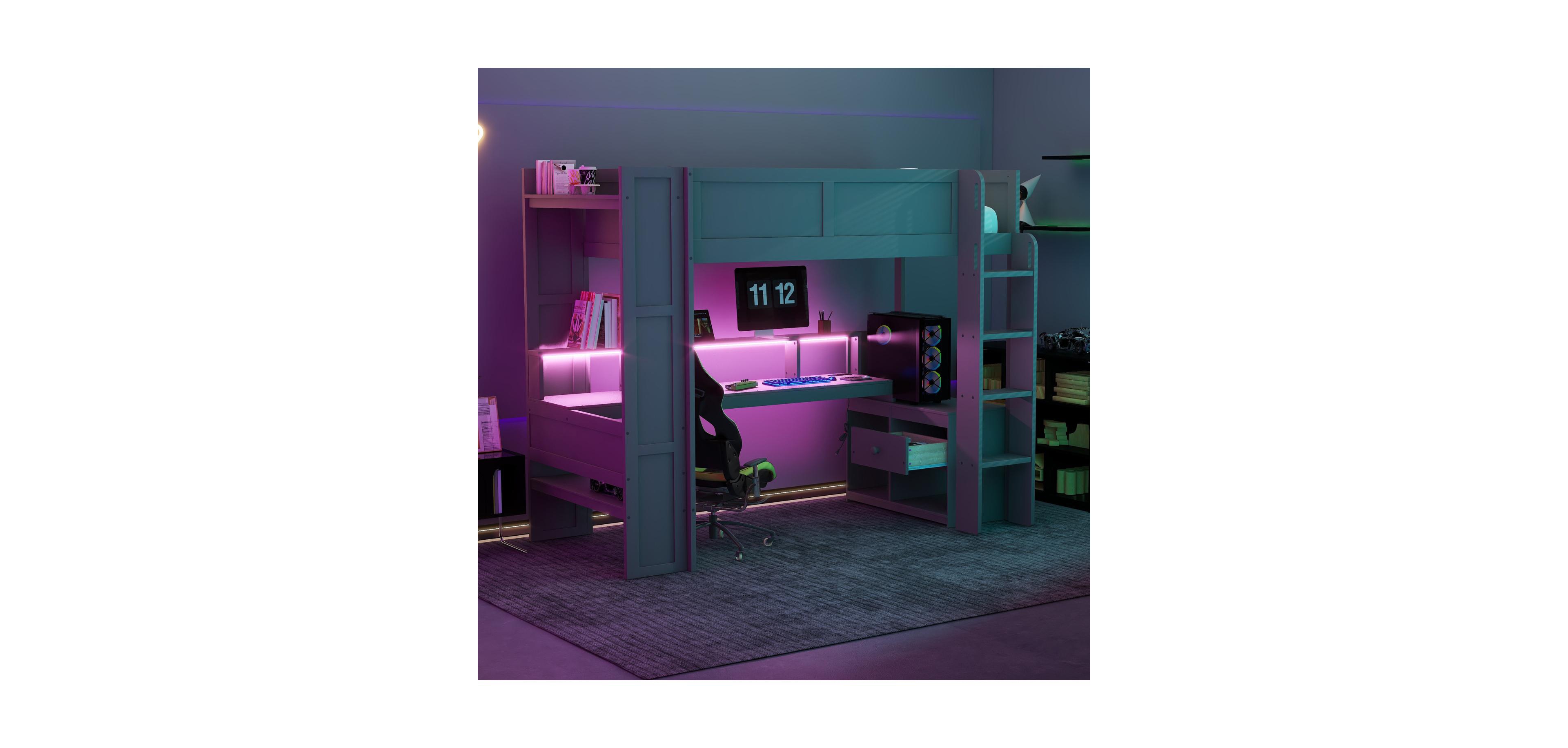 Streamdale Furniture Twin Gaming Loft Bed with Desk, Led & Charging