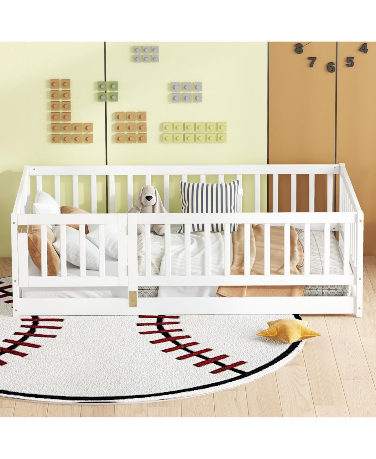 Streamdale Furniture Twin Floor Bed with Fence & Door (White