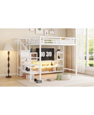  Full Size White Metal Loft Bed with Staircase & Wardrobe