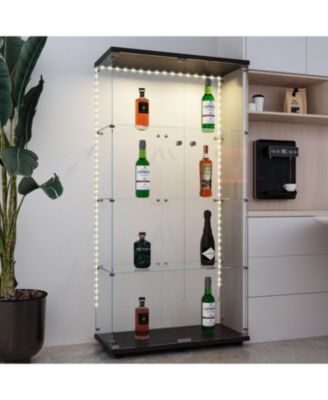  Black Tempered Glass Cabinet w/ LED, Lock & Wheels